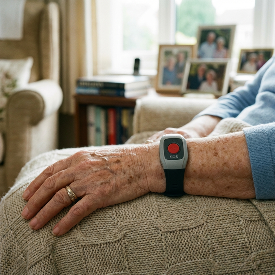 Hausnotruf-Armband am Handgelenk einer älteren Person