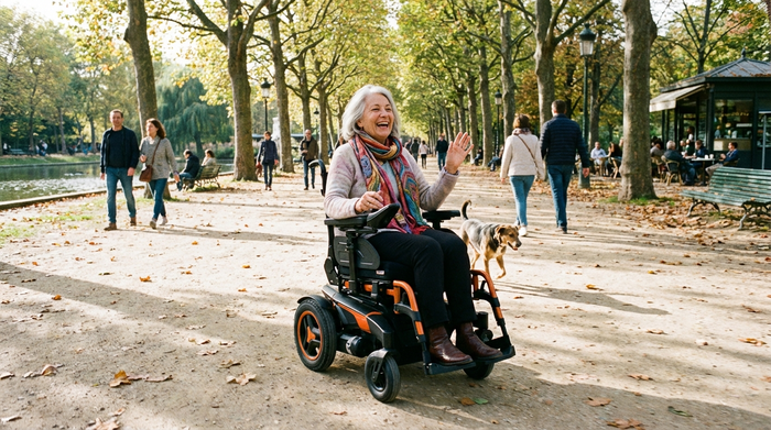 Glückliche Seniorin fährt mit einem modernen Elektrorollstuhl über einen breiten Gehweg im Park