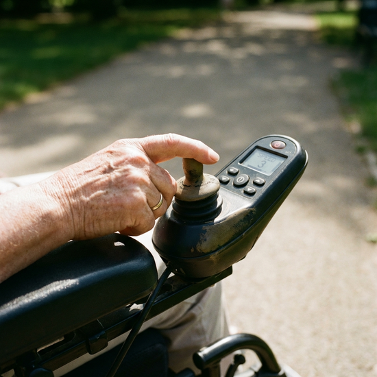 Nahaufnahme einer Hand, die sanft den Joystick eines Elektrorollstuhls bedient