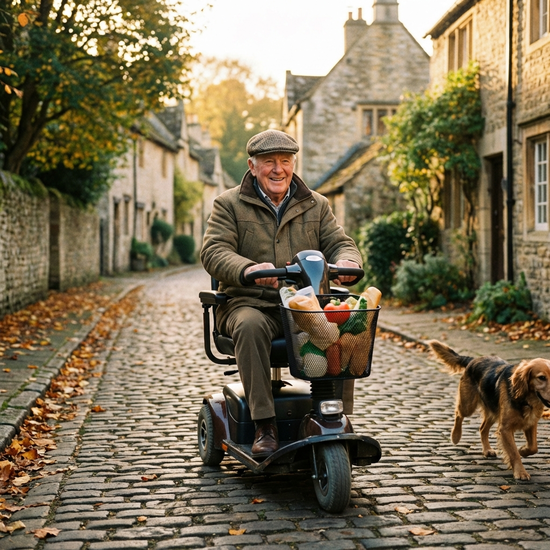 Senior auf einem Elektromobil mit Lenker auf einem gepflasterten Weg