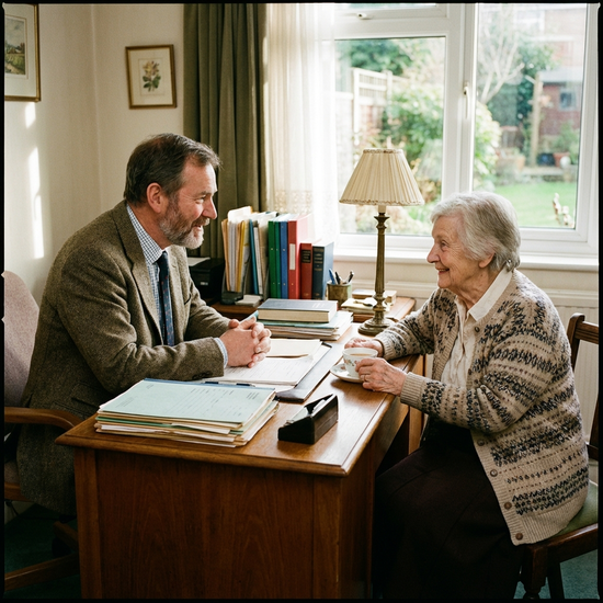 Arzt im Gespräch mit einer älteren Patientin am Schreibtisch