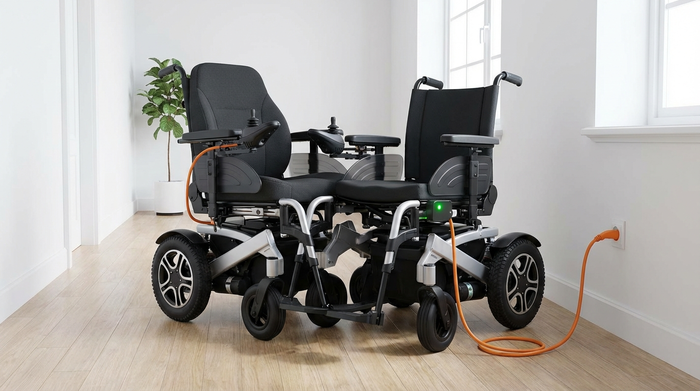 Elektrorollstuhl steht in einem sauberen Flur und ist über ein Kabel mit der Steckdose verbunden