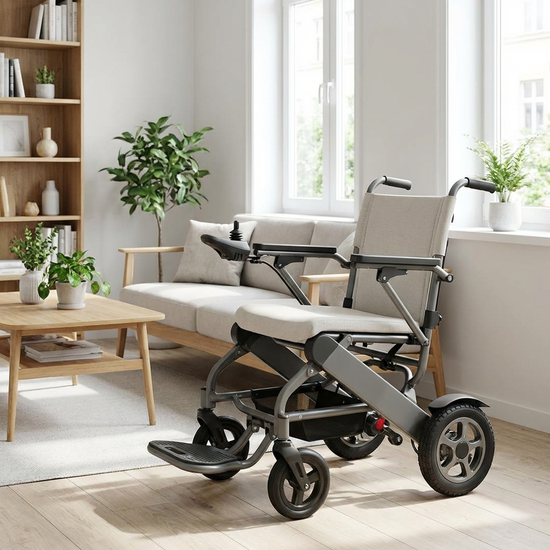 Kompakter Innenraum-Elektrorollstuhl in einem hellen, aufgeräumten Wohnzimmer