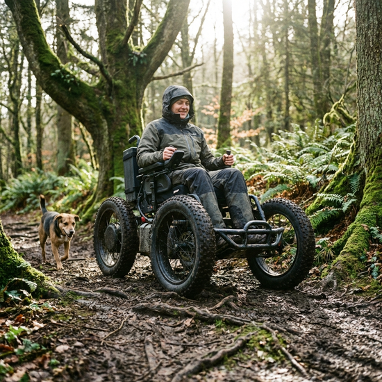 Robuster Outdoor-Elektrorollstuhl mit großen Reifen auf einem Waldweg