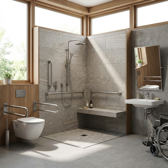 Modernes, barrierefreies Badezimmer mit einer bodengleichen Dusche und stabilen Haltegriffen