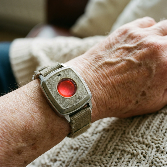 Nahaufnahme eines Hausnotruf-Senders, der als Armband am Handgelenk getragen wird