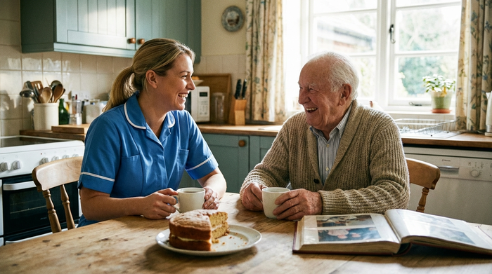 Pflegefachkraft und Senior im freundlichen Gespräch am Küchentisch, entspannte Atmosphäre