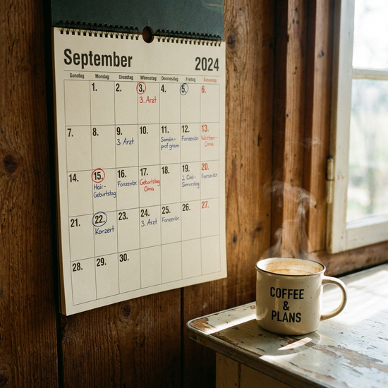 Kalender mit markierten Terminen und einer Kaffeetasse daneben