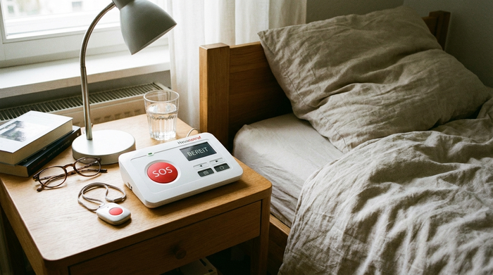 Hausnotruf-Gerät griffbereit auf einem Nachttisch neben dem Bett