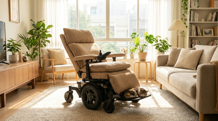 Bequemer elektrischer Rollstuhl in einem hellen Wohnzimmer