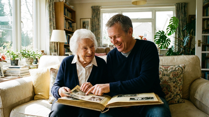 Ältere Dame und ihr pflegender Sohn beim gemeinsamen Betrachten eines alten Fotoalbums im hellen Wohnzimmer