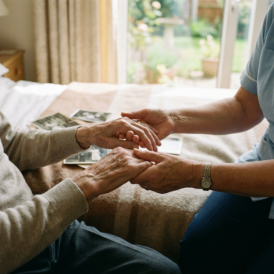 Sanfte Hände einer Pflegerin halten beruhigend die Hände eines unruhigen Seniors