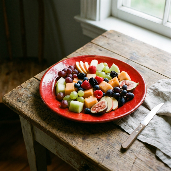 Roter Teller mit mundgerecht geschnittenem Obst auf einem Holztisch