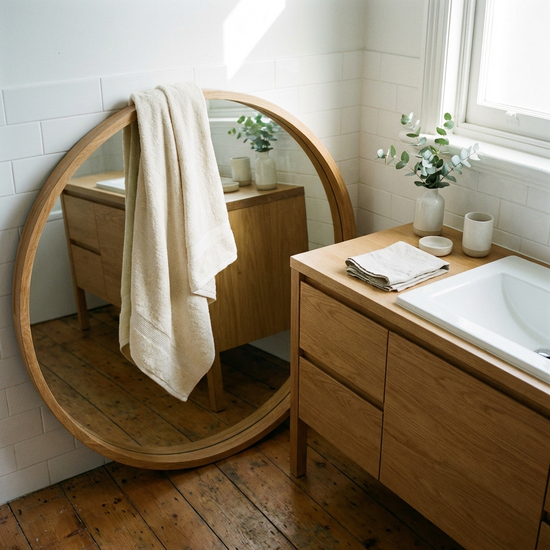 Handtuch hängt über einem Badezimmerspiegel, daneben ein aufgeräumter Waschtisch