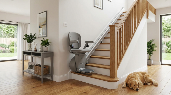 Moderner Treppenlift an einer geraden Holztreppe in einem gepflegten Einfamilienhaus