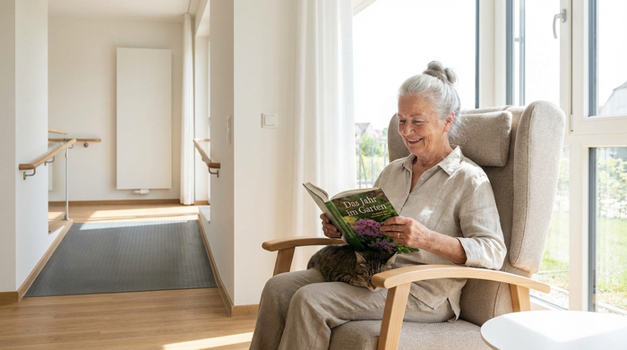 Zufriedene ältere Dame liest entspannt ein Buch in ihrem hellen, aufgeräumten und hindernisfreien Wohnzimmer