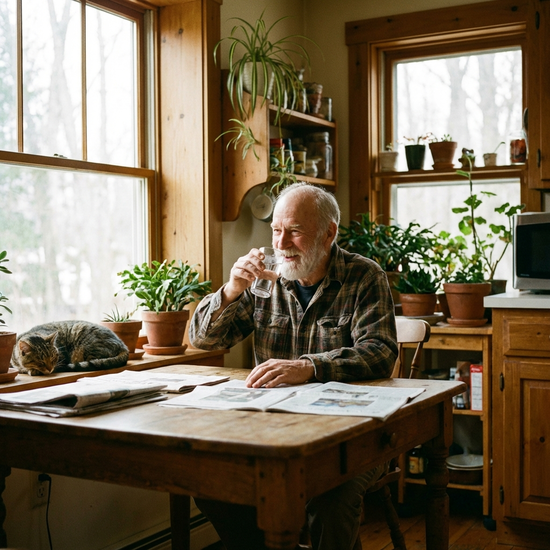 Älterer Herr trinkt ein Glas Wasser am hellen Küchentisch