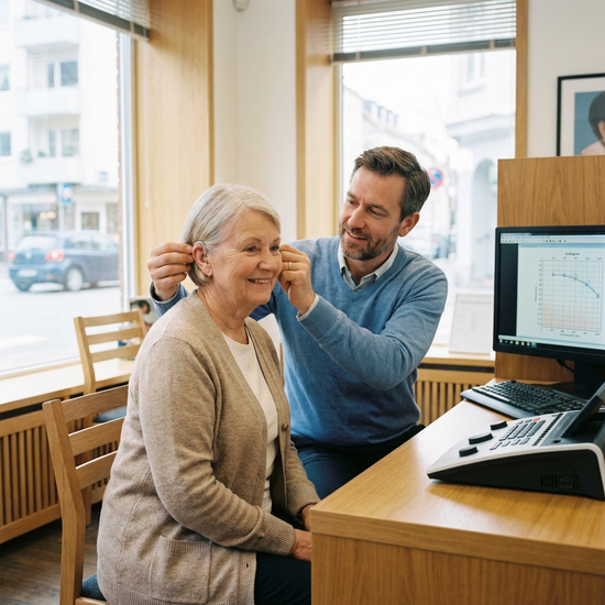 Seniorin bei der Anpassung eines modernen Hörgeräts durch einen freundlichen Akustiker