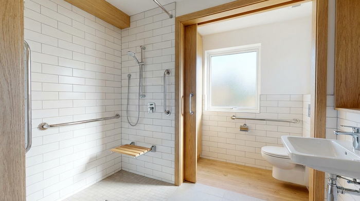 Helles, barrierefreies Badezimmer mit bodengleicher Dusche und stabilen Haltegriffen an den Wänden