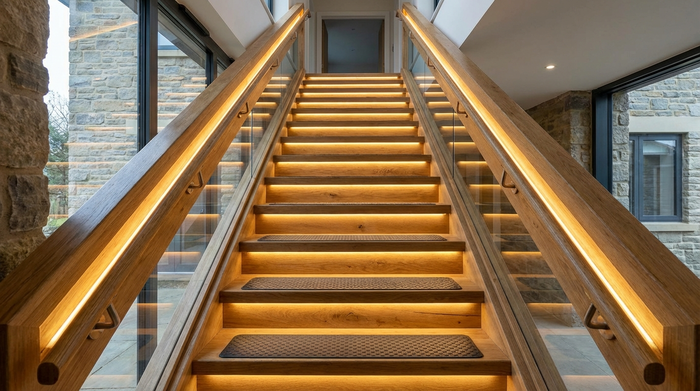 Sicher ausgeleuchtete Holztreppe mit beidseitigen Handläufen und rutschfesten Stufen
