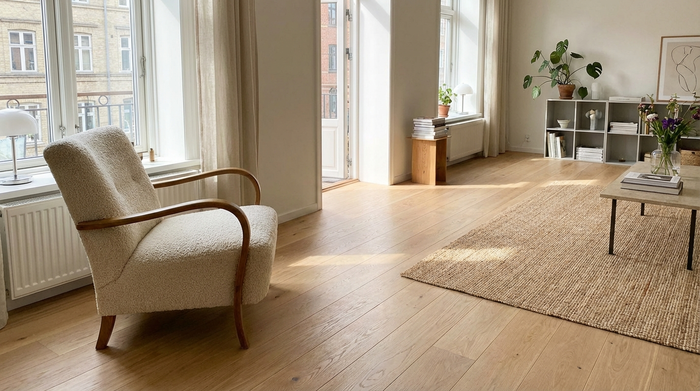 Aufgeräumtes Wohnzimmer mit breiten Laufwegen, hellem Licht und einem festen Sessel mit Armlehnen