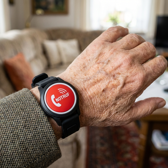 Hausnotruf-Armband mit großem roten Knopf am Handgelenk eines Seniors