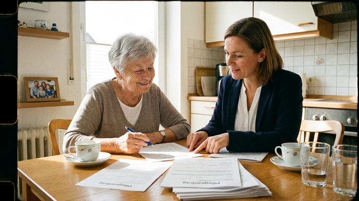 Seniorin und freundliche Pflegeberaterin sitzen gemeinsam am Tisch und füllen Antragsformulare aus