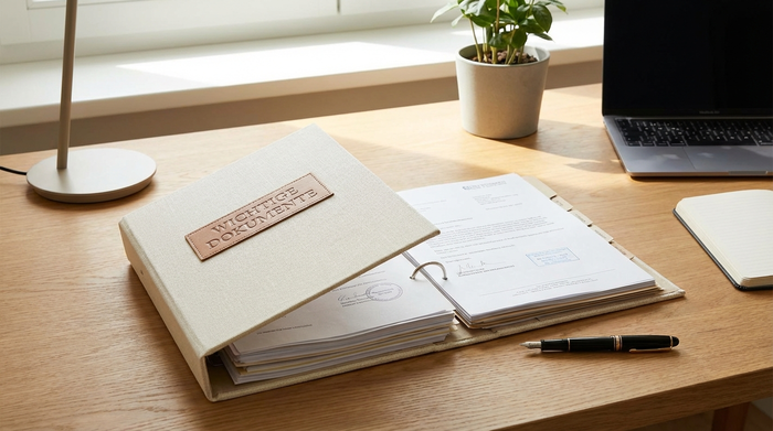 Ordner mit wichtigen Dokumenten und ein Stift auf einem aufgeräumten Schreibtisch