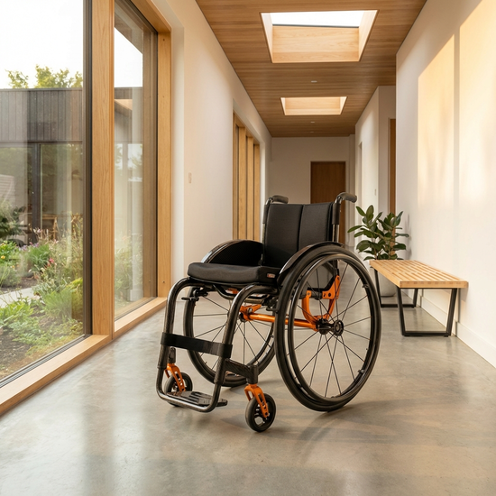 Moderner Rollstuhl steht bereit in einem hellen Flur