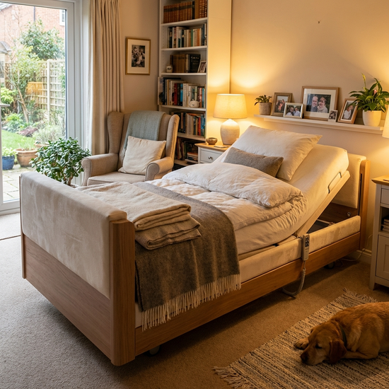 Pflegebett mit verstellbarem Kopfteil in einem gemütlichen Schlafzimmer