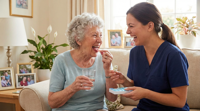 Seniorin und Pflegekraft lachen gemeinsam bei der Medikamenteneinnahme