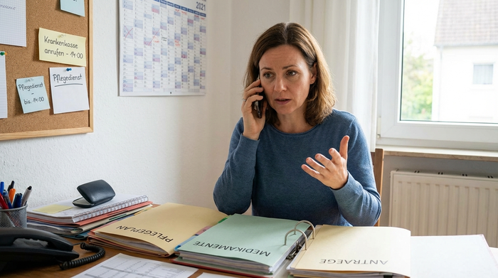 Telefonat am Schreibtisch zur Organisation der Pflege