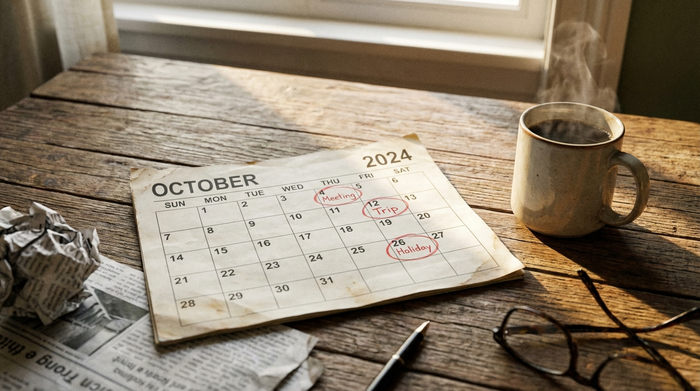 Kalender mit markierten Tagen neben einer Kaffeetasse auf einem Holztisch