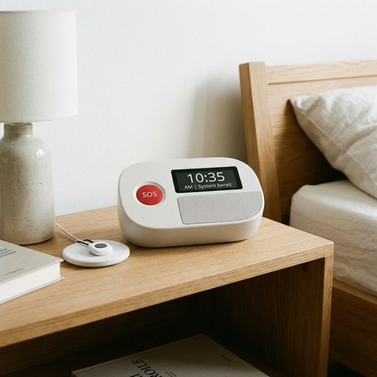 Modernes Hausnotruf-Gerät auf einem Nachttisch