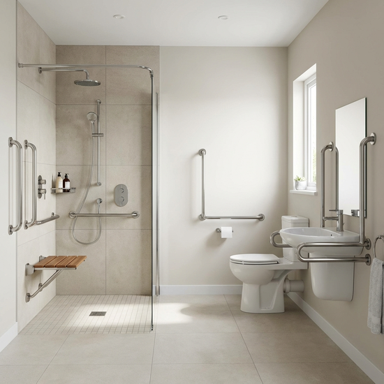 Barrierefreies Badezimmer mit bodengleicher Dusche und Haltegriffen