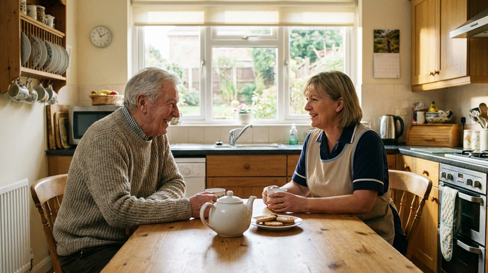 Älterer Herr und Pflegerin sitzen entspannt bei einer Tasse Tee am Küchentisch und unterhalten sich