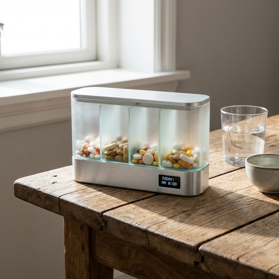 Moderner Medikamentendispenser mit sortierten Tabletten auf einem Holztisch