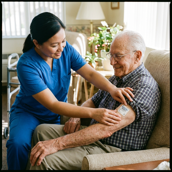 Pflegerin bringt behutsam ein Wirkstoffpflaster am Oberarm eines Seniors an