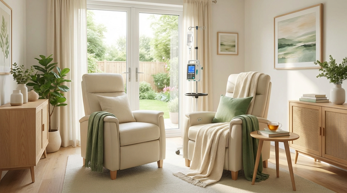 Heller, freundlicher Behandlungsraum mit bequemen Sessel für Infusionstherapien