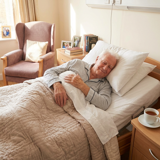 Friedlich schlafender Senior in einem komfortablen Pflegebett