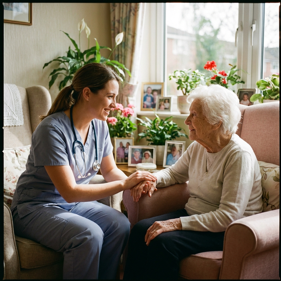 Pflegerin hält beruhigend die Hand einer älteren Dame