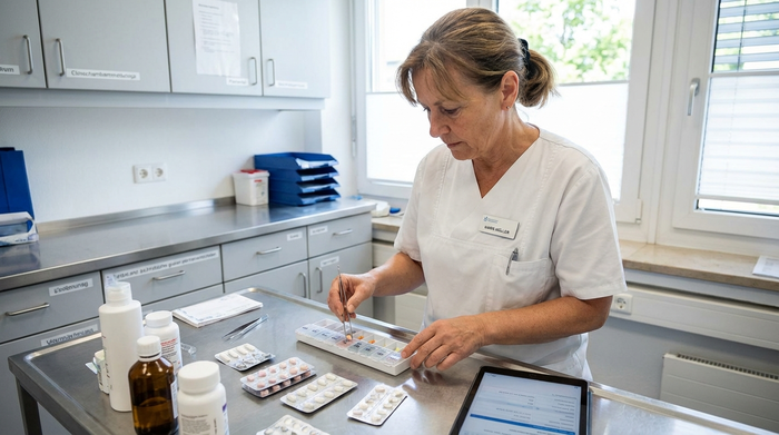 Pflegerin bereitet sorgfältig Medikamente vor