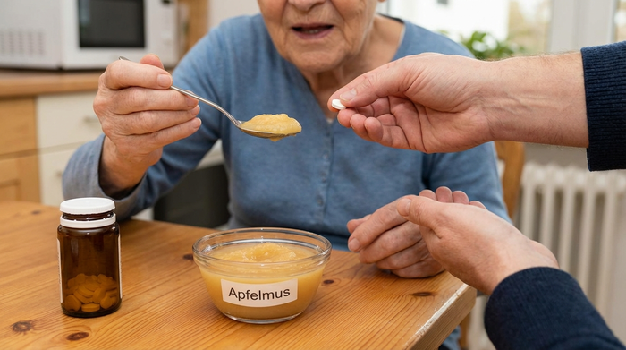 Medikamentengabe zusammen mit einer Portion Apfelmus