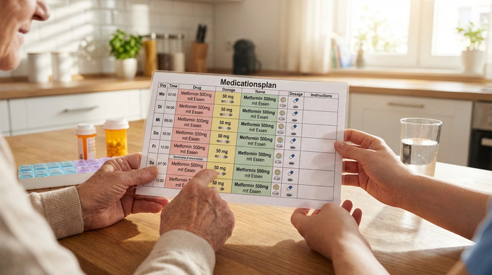 Gemeinsamer Blick auf einen übersichtlichen Medikamentenplan