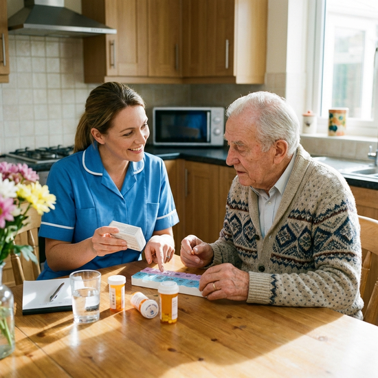 Freundliche Pflegerin erklärt einem älteren Herrn geduldig die Medikamentenbox am Küchentisch.