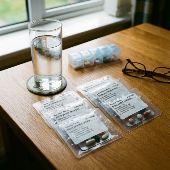 Professionell verblisterte Medikamenten-Tütchen auf einem Tisch neben einem Wasserglas.
