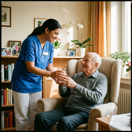 Pflegekraft reicht einem älteren Herrn freundlich ein Glas Wasser.