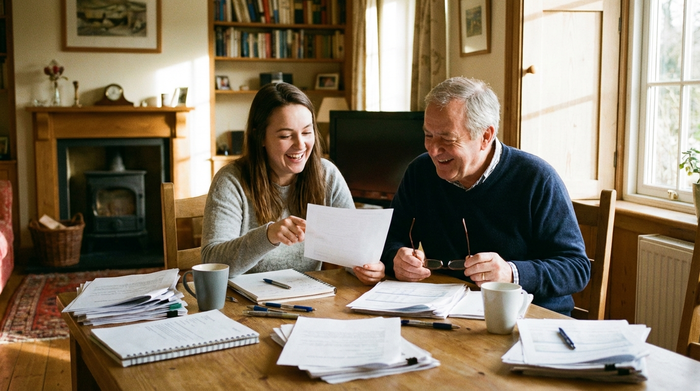 Eine Tochter sitzt mit ihrem Vater am Tisch und sie gehen gemeinsam Dokumente durch.