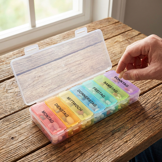 Nahaufnahme einer übersichtlichen Medikamentenbox mit Wochentagen auf einem Holztisch.