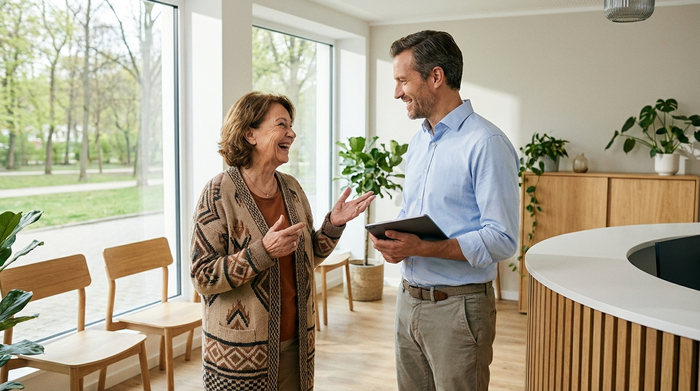 Ältere Dame im Gespräch mit ihrem Hausarzt in einer hellen, modernen Praxis.
